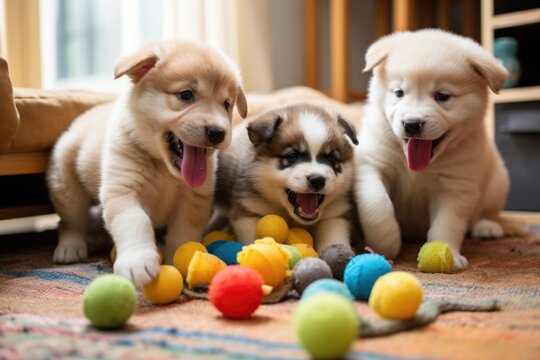 Puppy playing with toys